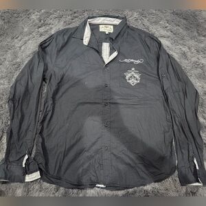 Ed Hardy Long Sleeve Black Button Up Shirt Size XL